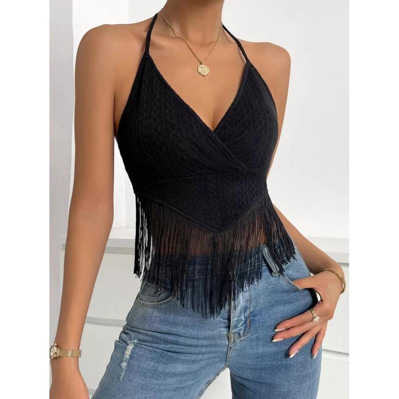 Backless Fringe Hem Halter Top, Women's Fringe Top, V-neck Slimming - Country Music Festival Outfit, Fringe Hem Bohemian Rodeo Vest, Party Vest