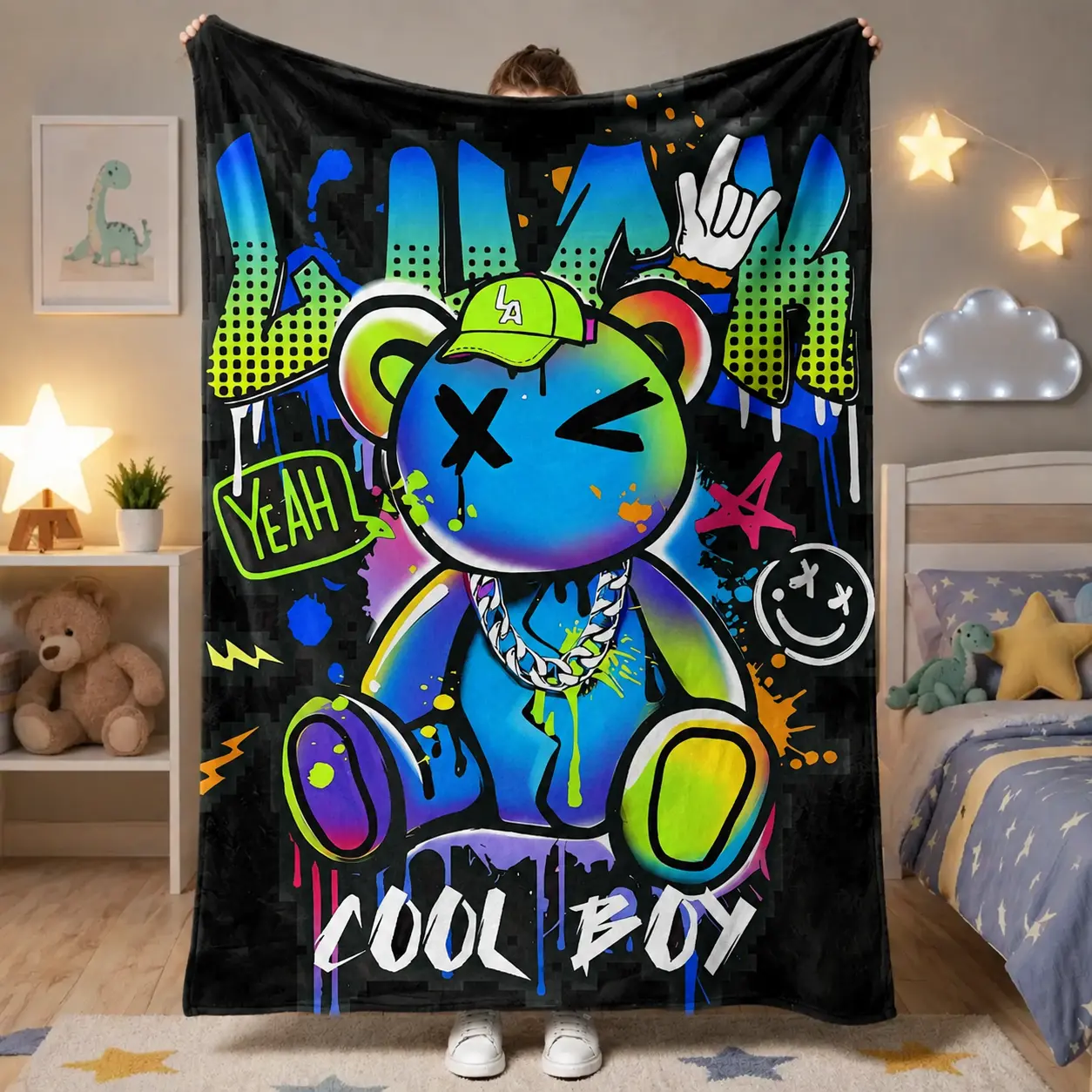 Graffiti Bear Flannel Blanket, Cool Boy Street Art Throw Blanket with Neon Cartoon Bear Design, Soft Cozy Fleece Blanket for Boys Teens Gaming Room Decor, Trendy Aesthetic Blanket for Sofa Bed Couch Dorm Room, Unique Gift for Kids & Teens