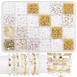 1000 bead DIY jewelry making kit, simple style daisy pendant, white polymer clay beads, gold spacer beads, white glossy plastic pearls and letter beads, used for making bracelet jewelry accessories, DIY bracelets, surprise gifts