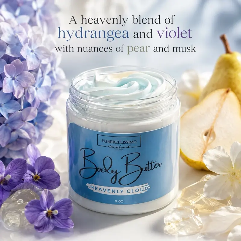 PureBellissimo Heavenly Cloud Body Butter - Hydrangea & Violet with Pear and Musk Fragrance - 9 oz Handmade Luxury Moisturizer