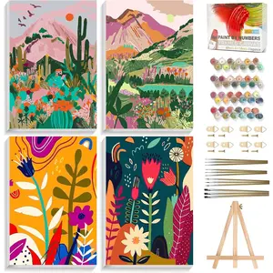 4 Pack  by Numbers Kit for Adults with Framed, Landscape Easy   by Number Kits On Canvas with Wooden Easel, Painting by Numbers for Beginner   Decor 8x12 in