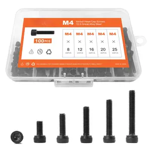 M4 x 8mm 12mm 16mm 20mm 25mm Hex Socket  Cap Screws , 12.9 Grade Alloy Steel, Black Oxide Finish, Allen Hex Drive, Metric Machine Fully Threaded, Assortment Kit 100 count
