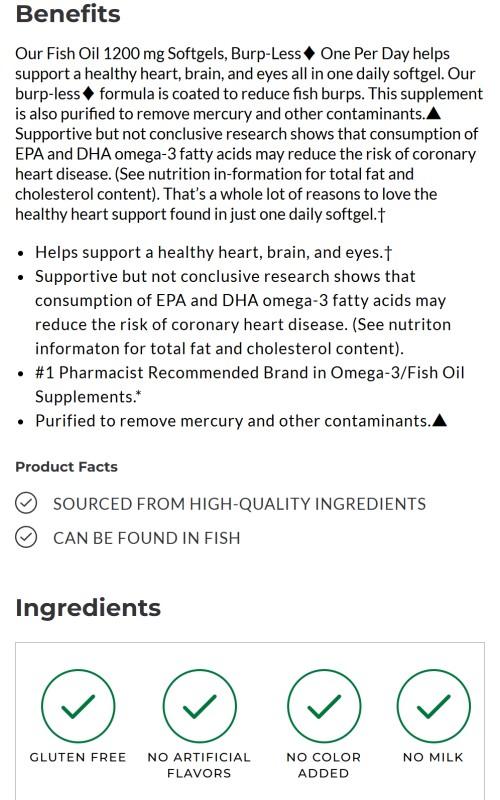 Burp-Less♦ Omega-3 From Fish Oil 1200 mg Softgels, One Per Day