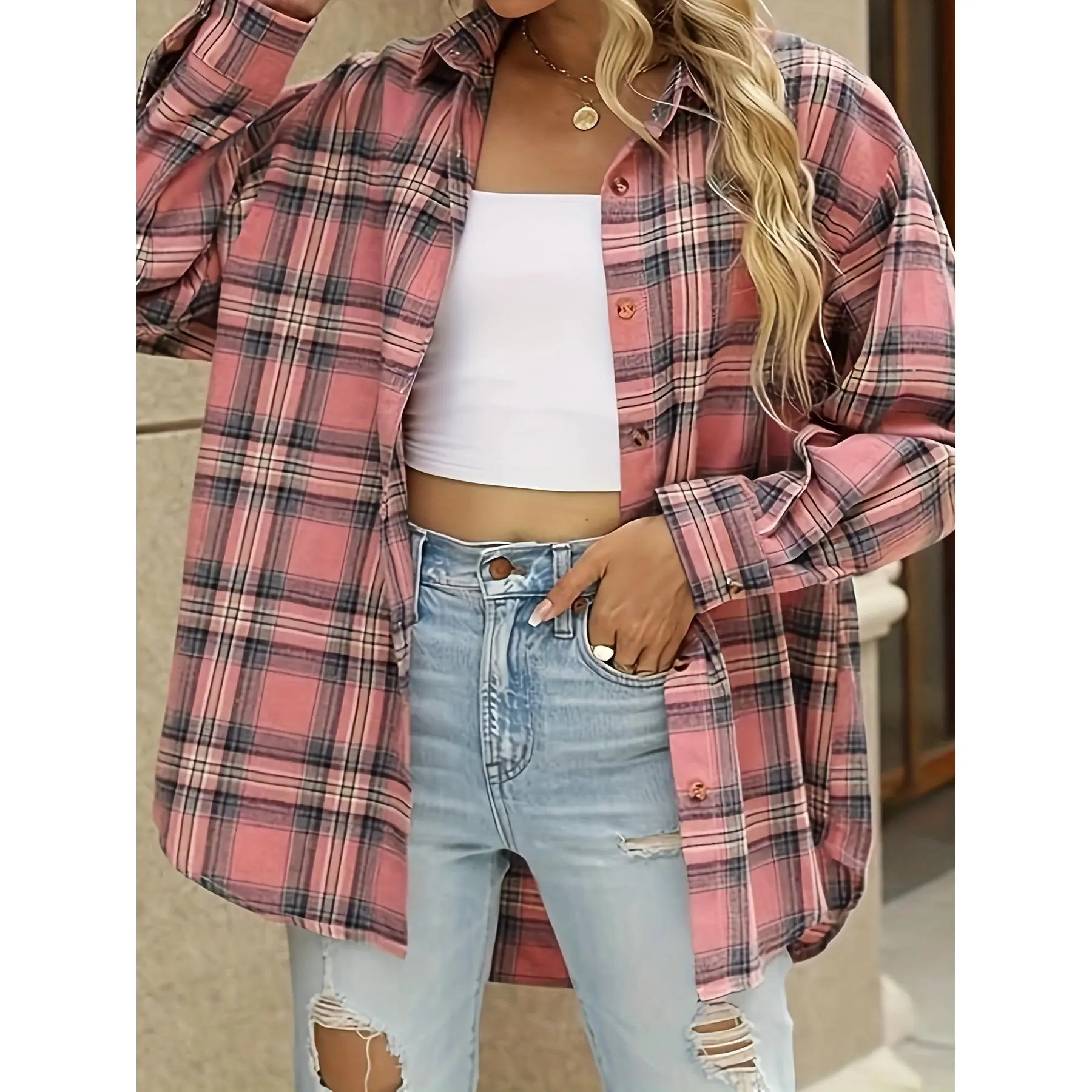 Plus Size Plaid Print Shirt, Casual Long Sleeve Button Up Lapel Collar Loose Fit Shirt Top, Women's Plus Size Clothing