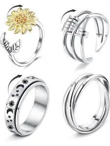 Vivid 4 Pcs  Adjustable Spinner Fidget Rings Shining Zirconia Rings for Women Men Flower Bead Stackable Rings Rotatable Moon Star Rings Dainty Stacking Rings