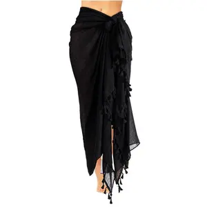 Women Beach Batik Long Sarong Swimsuit Cover up Wrap Pareo with Tassel for Women Girls