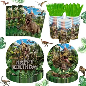 144 count Dinosaur Party Birthday Supplies Green Dinosaur Happy Birthday Tableware Set Dino Party Plates and Napkins Kit Party Serves 24 Guests