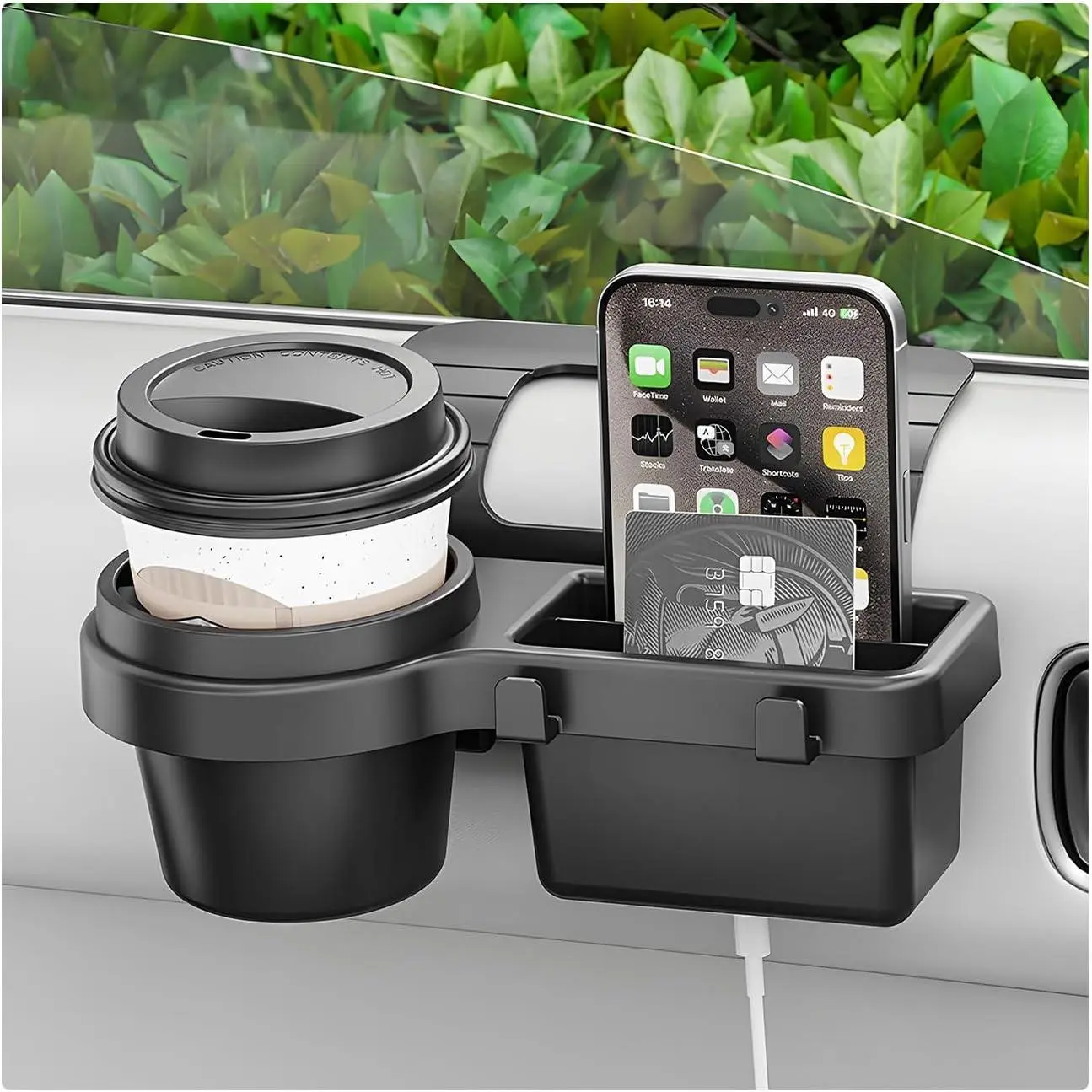 Car Interior Organizer Insert, Multi-Compartment TPE Plastic Rack with Rubber Cup Holder & Phone Mount, Stick-On Install, Weather-Resistant, 7.9x6.9x3.5", 1 Pcs, Car Interior Organizers