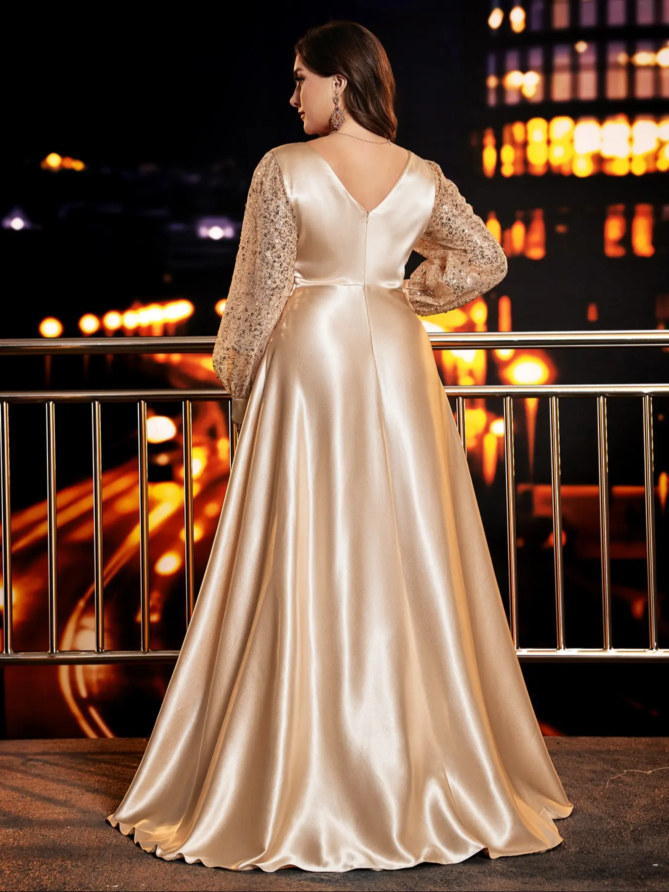 plus size champagne party dress SHEIN Belle Plus Size Women's Champagne Glittering Beads Mesh Contrast Evening  Dress