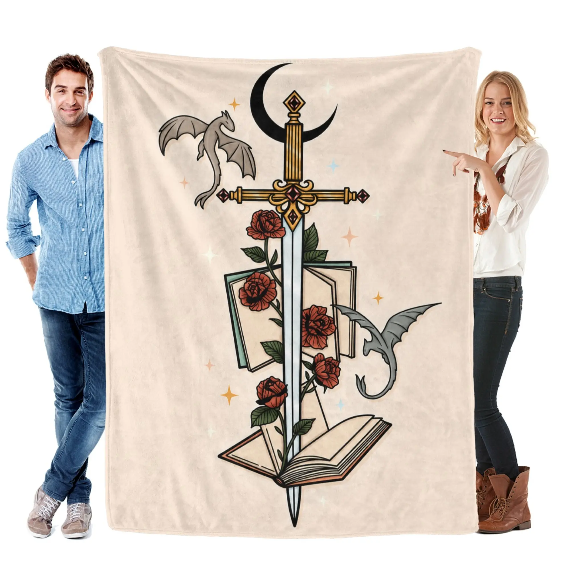 Fourth Wing Dragon Sword Rose Bookish Dark Academia Flannel Throw Blanket, Soft Fuzzy Plush Blanket for Couch Bed Dorm, All Season Cozy Warm, Fantasy Book Lover Gift, Celestial Moon Book Dragon Art Gothic Bedroom Living Room Home Decor
