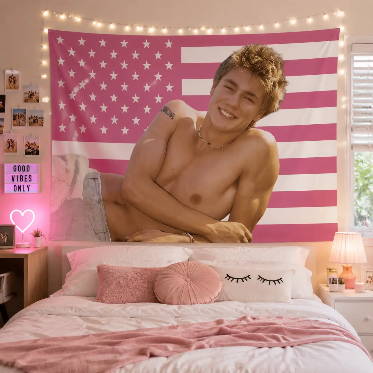 2D Chad Michael Murray Pink American Print Tapestry, Single-Sided Hanging Home Decor, Indoor-Outdoor Use for Teen Girl Bedroom, Retro Beach Wall Autumn Decoration