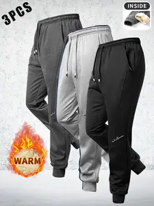 Men's 3-Pack Fall/Winter Fleece-Lined Thickened Warm Dark Gray Sports Pants Loose Knit Straight-Leg Casual Long Windproof Drawstring Waist Solid Color Versatile for Daily Home & Outdoor Wear