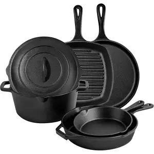 6 count Pre-Seasoned Cast Iron Cookware Set - Incl. 5QT Dutch Oven with Lid, 8'' and 10.25'' Cast Iron Skillets, 10.5'' Round Griddle, and a Square Grill Pan for Kitchen, Stovetop, & Camping