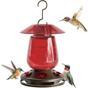 Hummingbird Feeder,  16 Ounces Glass Hummingbird Feeders for Outdoors Hanging, Red Hummingbird Feeder with 5 Flower Feeding Ports & Built-in Ant Moat, Rustproof, Leakproof, Barn Lantern Shape