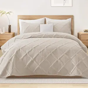 Queen Size - Brich Beige Set Bedspread with 2 Pillow Shams, Bedding Set with Striped Pattern, Soft Lightweight Bedspreads Queen Size for All