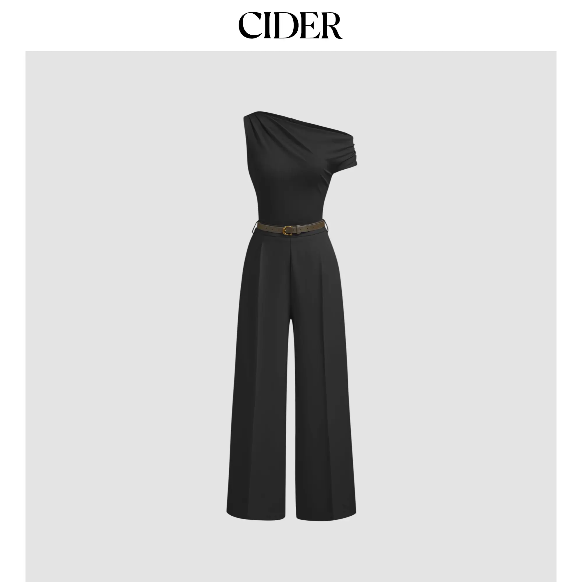 Cider Ruched Jumpsuits for Women, Full Length Casual Wear with an Asymmetrical Neck and Belt Detail