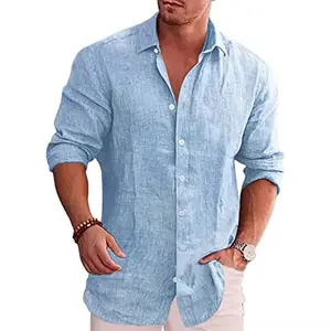 Cotton Linen Autumn Men's button down long sleeve
