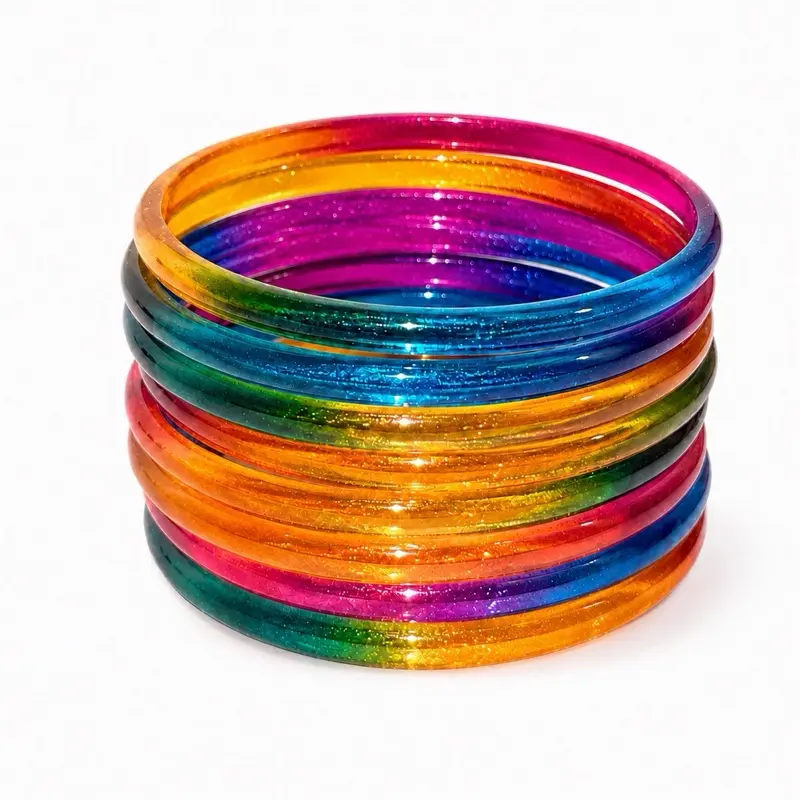 Women's 8-Piece Elegant Stackable Sparkly Plastic Jelly Bangle Set - Wrist Stack, Bling Effect, Assorted Colored Bracelets & Bangles, Translucent Dainty Costume Jewelry, Lightweight Wear, Sparkly Finish (Prussian Blue)