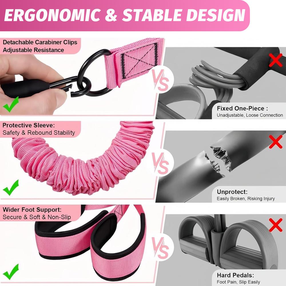 T-Handle Foot Pedal Pull Rope Set, pink tough latex tubes with adjustable foot straps, drawstring pouch included, beginner sports equipment, home repetitive drills outdoor leisure walking neighborhood group training gear