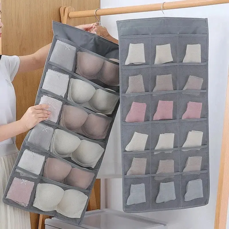Double-Sided Bra Sock Organizer Bag, Foldable Closet Fabric Door Back Storage Bag, Wall-Mounted Sorting Bag, Hooked Sock Storage Bag