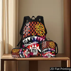 3PCS Sprayground-Inspired Graffiti Shark Backpack Set, Water Resistant School Bag + Lunch Box + Pencil Case, Lightweight, Fits 15-inch Laptop, Breathable Straps, Urban Streetwear Vibe