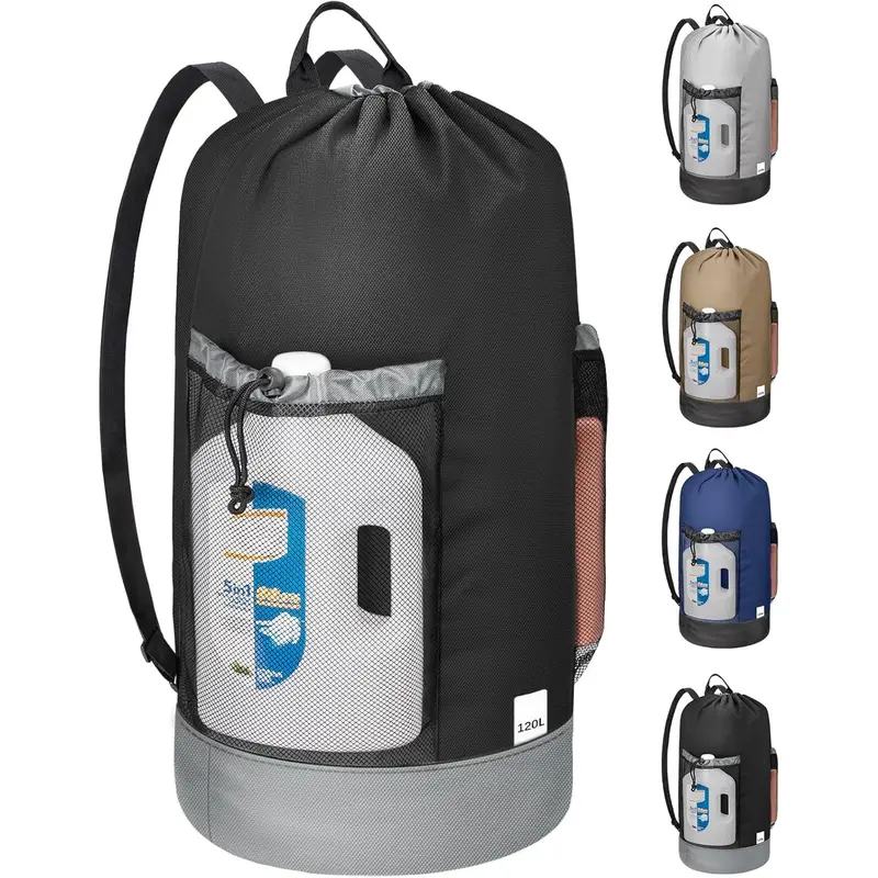 120L Heavy-Duty Laundry Bag Backpack Organizer - 900D Oxford Fabric, Waterproof, Adjustable Shoulder Straps, 2 Mesh Pockets, Built-in Storage Pocket, Drawstring, 29"h x 13"l Foldable, Durable Dorm Laundry Accessory for Laundromat, Apartments
