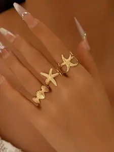 Beach Style Casual Starfish Shell Open Ring Set, Boho Floral Zinc Alloy Jewelry, All Seasons Accessory, 3 Piece Handwear