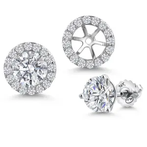 Gem Stone King 14K White Gold White Lab Grown Diamond Martini 3-Prong Secure Screw-Backs Stud Earrings for Women with Removable Jackets | 1.96 Cttw | April Birthstone | Round 6MM