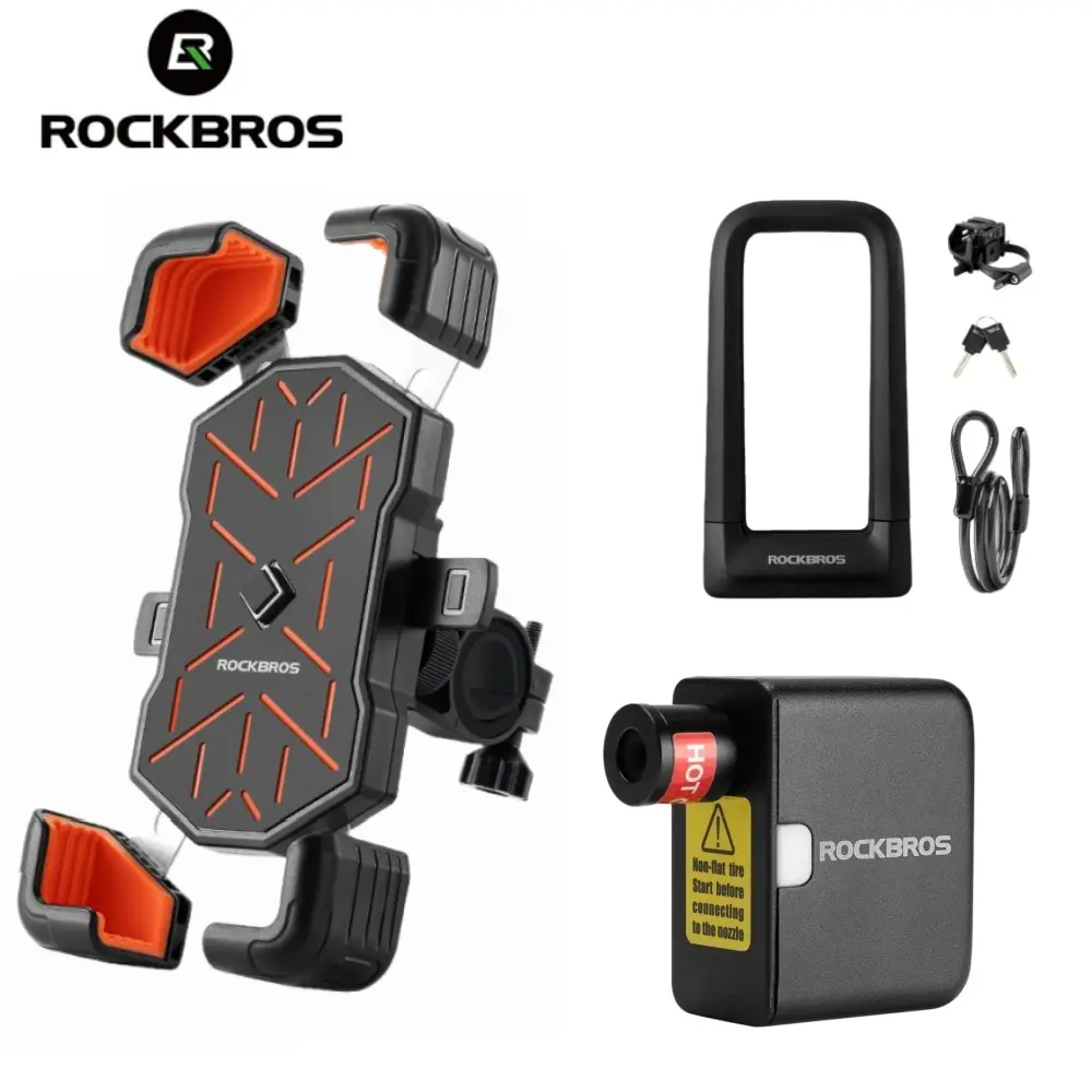 ROCKBROS Bicycle Accessories Combo - Anti-Shake Phone Holder, Lock, Air Pump Set for Cycling Quick Release Needs