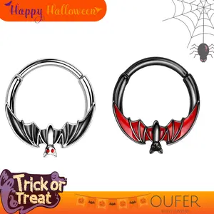 Oufer Halloween 16G Hanged Bat Front Face Septum Ring Helix Ring Black Silver  Nose Ring Inner Diameter 8mm 10mm Halloween 316L Stainless Steel