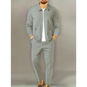 Men's Casual 2-Piece Outfit, Solid Color Jacket & Drawstring Pants Set, Breathable Comfy Full Zip Jacket & Pants Set