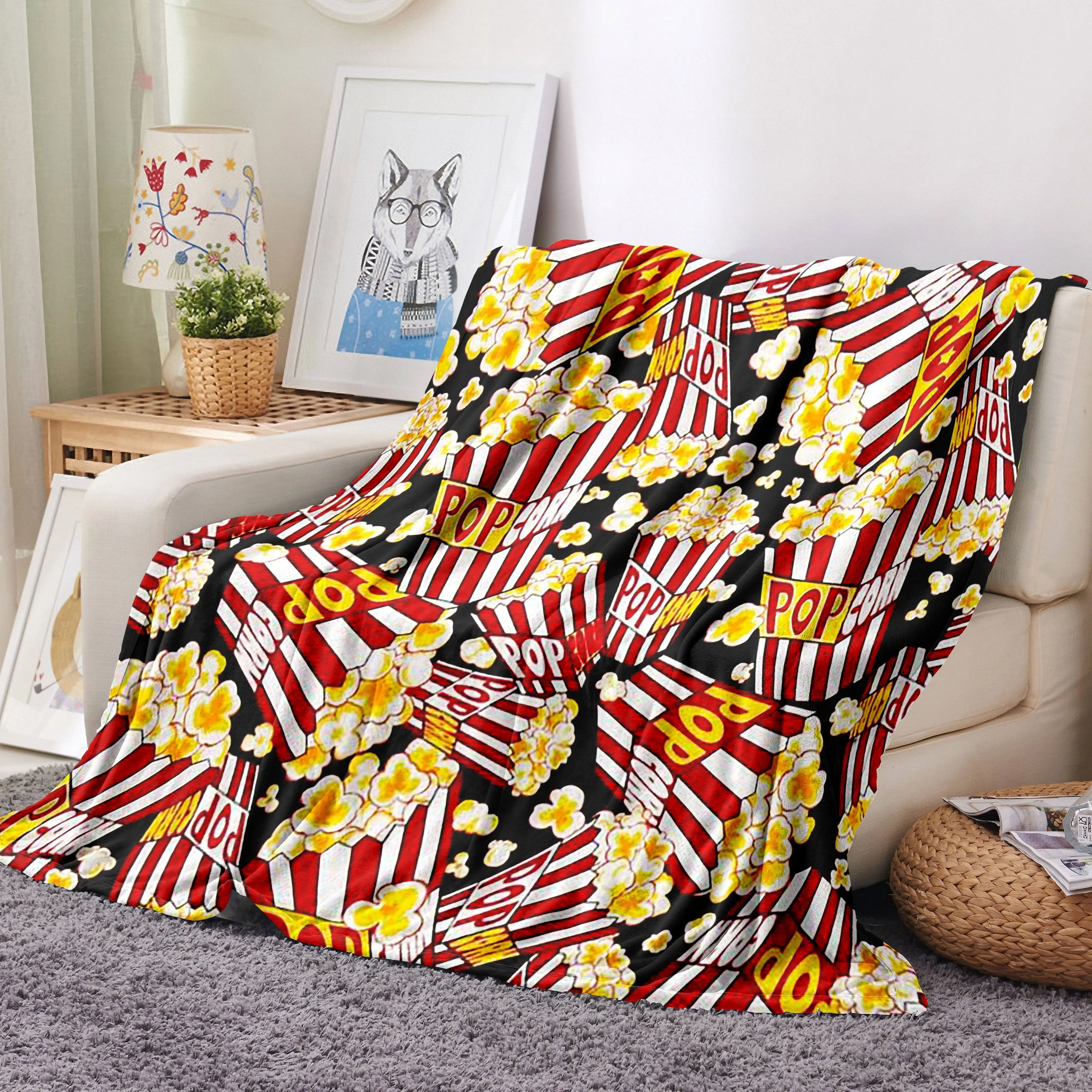 Retro Cinema Popcorn Themed Flannel Throw Blanket - Multi-Size (30*40 in Option), Plush Texture, Cozy Aesthetic, Warm for Couch, Ideal for Watch Party, Home Decor, Housewarming Gift for Movie Lovers