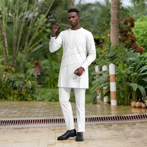 Men's African Traditional 2-Piece Outfit Set | Modern Dashiki Long Sleeve Shirt & Pants in White, Black & Green for Weddings & Church