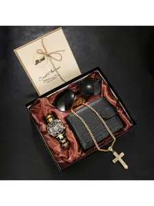 2026 Valentine's Day Gift Set for Men 5-Piece Business Steel Band Calendar Quartz Watch Luxury Gift Box for Boyfriend Husband Premium Gift Box