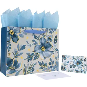 13" Large Blue   Bag Set with Handles, Greeting Card, Tissue Papers and Stickers for Women Girls for Birthday, Valentine's Day, Wedding, Anniversary and Mother's Day, Foil Traced Design, 1 count
