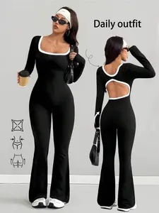 High Elasticity Fitted Jumpsuit, Back Hollow Out Design, Fashion Aesthetic Slimming Body, Versatile for All Seasons, Plain Pattern