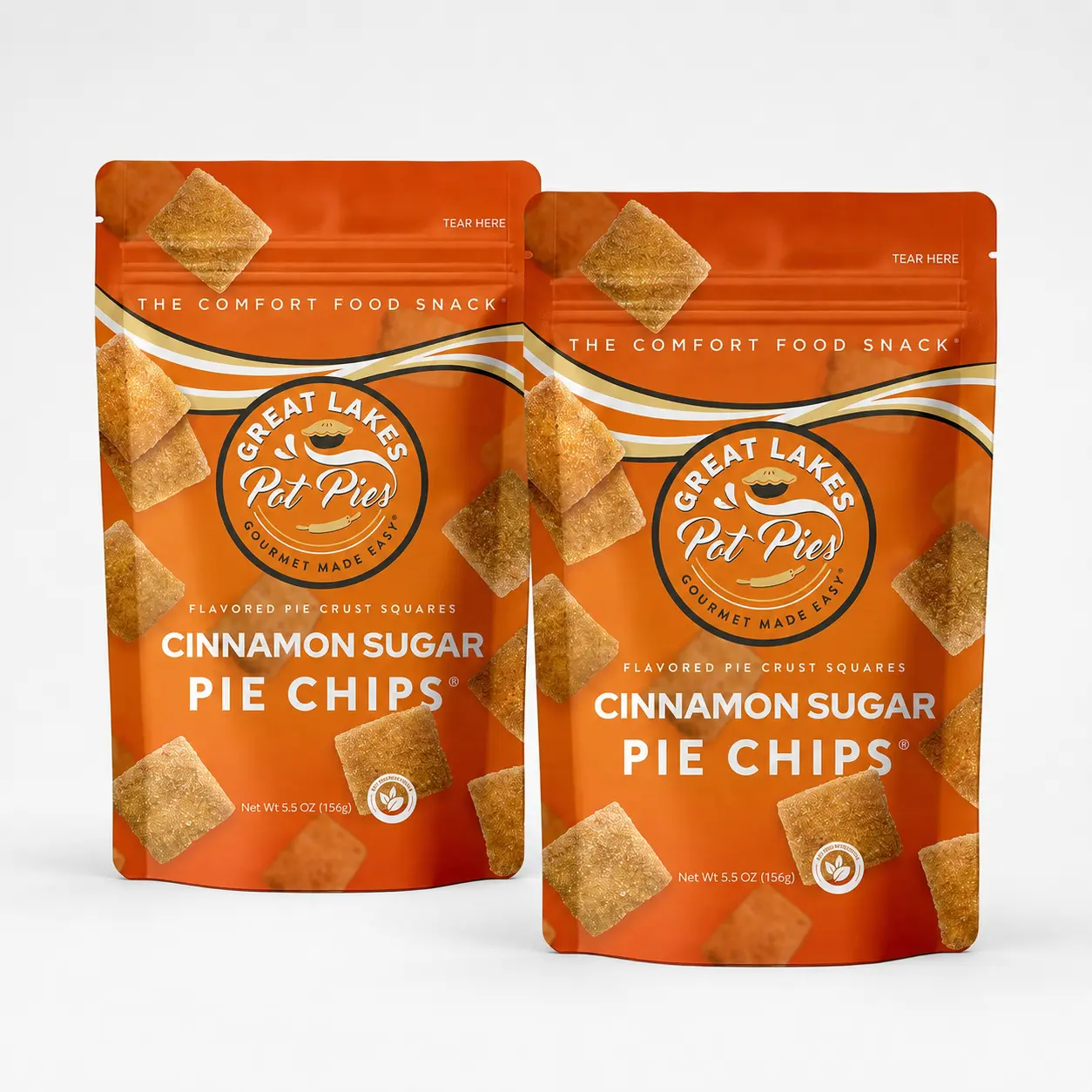 Great Lakes Pot Pies Cinnamon Sugar Pie Chips | Crunchy Gourmet Snack | Protein Packed (16.5g) | 5.5 oz Individual Bag | 2 Pack | No Preservatives |