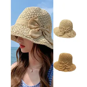 Handmade Straw Hat for Women Summer Fashion Bowknot Foldable Sunscreen Panama Lady Sweet Wide Brim UV Sunscreen Beach Cap Girl