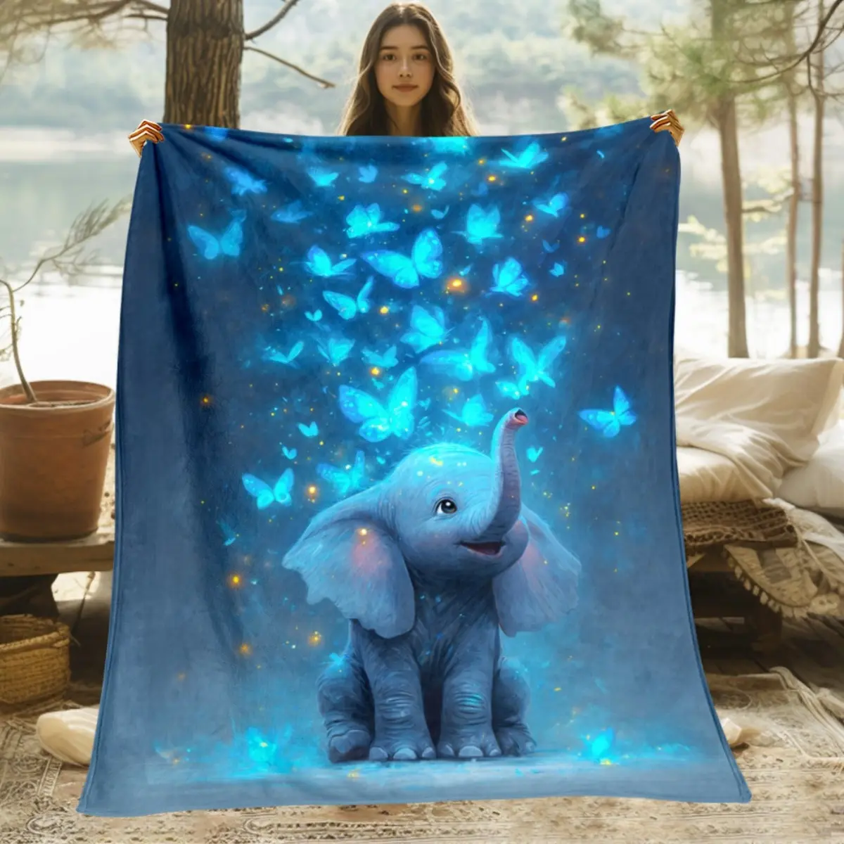 1pc Cute Animal Elephant and Butterfly Swarm Digital Print Flannel Fabric Blanket - Lightweight Throw for Sofa, Camping, Indoor/Outdoor Use - Soft, Warm Linens for Living Spaces