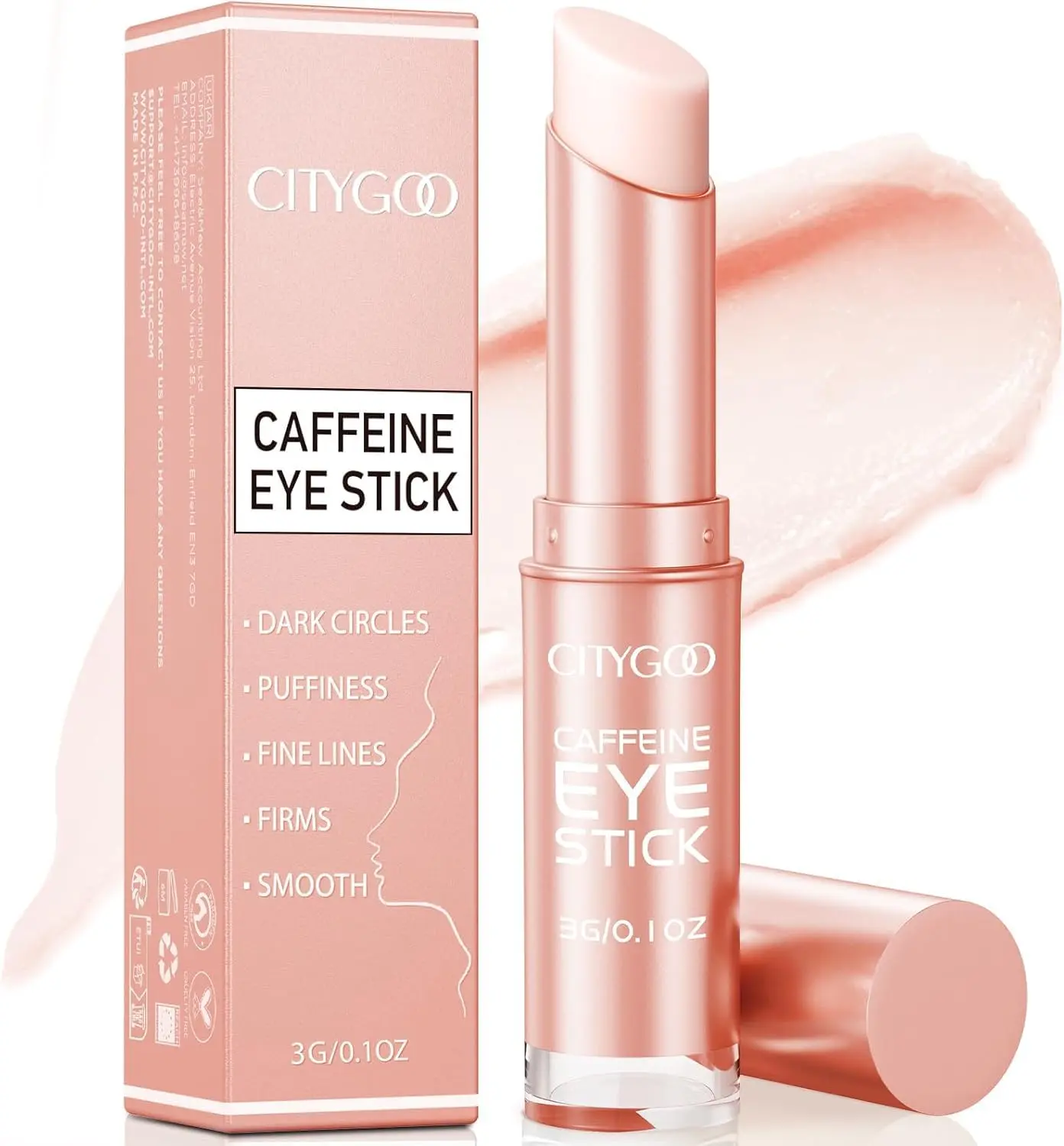 CITYGOO Caffeine Eye Cream Stick: Anti-Aging Firming & Dark Circles Moisturizing Balm for Puffiness & Eye Bags - Travel-friendly for Women (Caffeine Pink 3g)