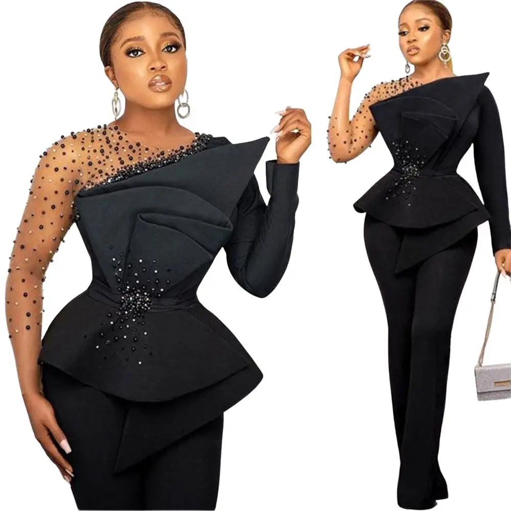 ABBY ANIKO Women's Elegant Vintage Black Satin Sheer Floral Lace Pant Suit Dress