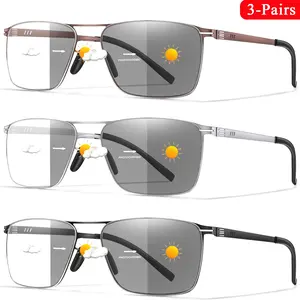 3 Pack Photochromic Fashion Metal Frame Reading Glasses, Classic Blue Light Blocking Readers for Men & Women, Unisex High Quality Eyewear Set