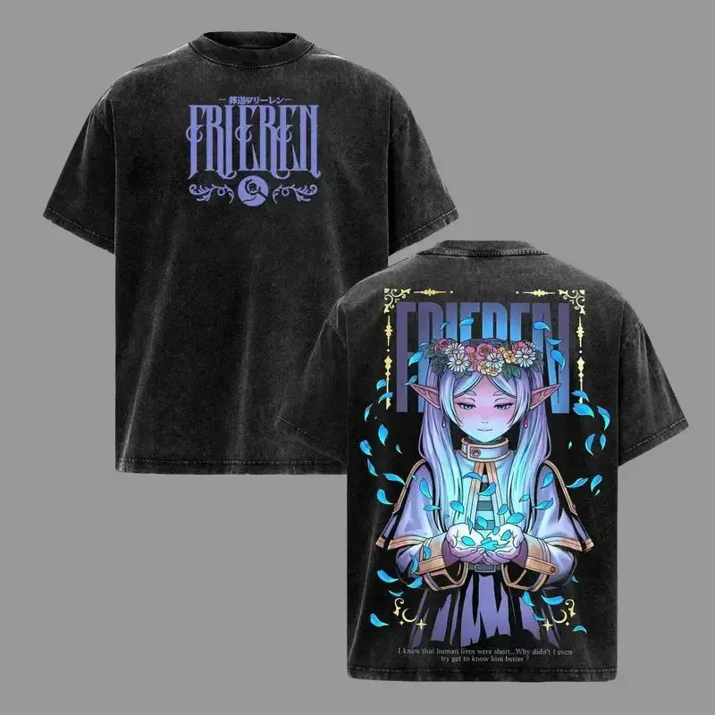 Frieren Anime Graphic T-Shirt for Men, Vintage Washed Heavyweight 230gsm Cotton, Oversized Streetwear, Short-Sleeve Round Neck