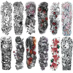 Halloween Full Arm Temporary Tattoo for Men Women, 12 Sheets Skull Skeleton Sleeve Tattoos Temporary, Demon Horrible Fake Tattoos That Look Real, Roses, Eyes, Cranes for BBQ Pool Beach Party