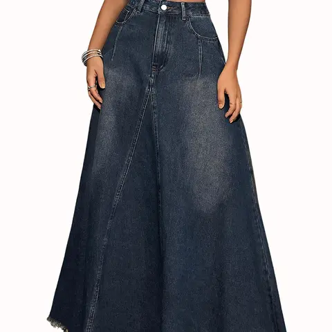 Ebossy Women's Retro Distressed High Waist Frayed Hem A Line Wash Maxi Long Denim Skirt with Pockets Womenswear