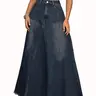 Ebossy Women's Retro Distressed High Waist Frayed Hem A Line Wash Maxi Long Denim Skirt with Pockets Womenswear