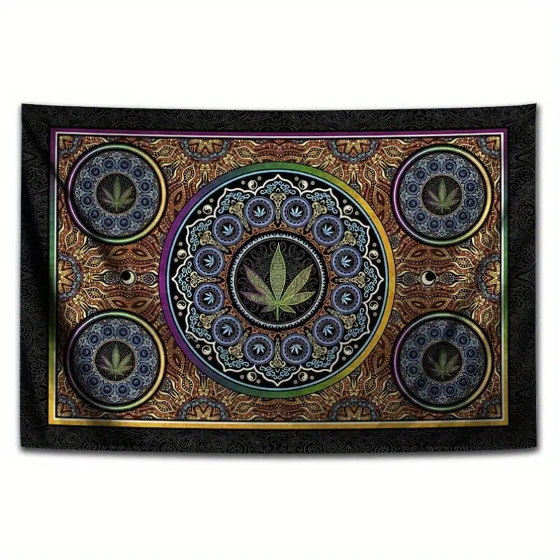 Dan Morris Marijuana Leaf Mandala Tapestry Wall Hanging -   Washable Peach Light Beige Fabric, Vibrant Colors & tricate Design for Dorm Room Decor, Music Festival Flag, Horizontal Wall Art, Marijuanna Decor, Psyedelic Art