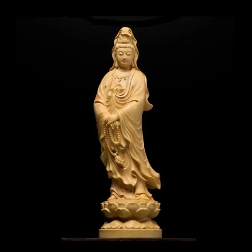 Large Guanyin Buddha Statue Finished Cypress Wood Boddhisattva 8.5x2.75x2.755 Inches with Gift Box High-Quality Spiritual Decor for Gifting
