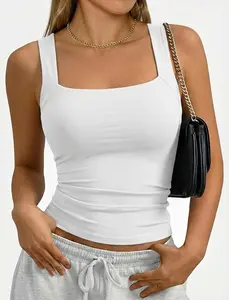 Womens Square Neck Tank Top Double Layer Fitted Sleeveless Basic Stretch Cami Everyday Top