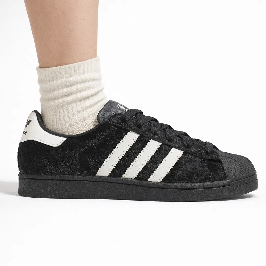 Adidas Superstar II Women's Low-Top Sneakers Black Pony Hair Shell-Toe - Synthetic Leather Casual Wear, Three Stripes, Padded Collar, Durable Rubber Outsole for Everyday School & Travel (JH9475)
